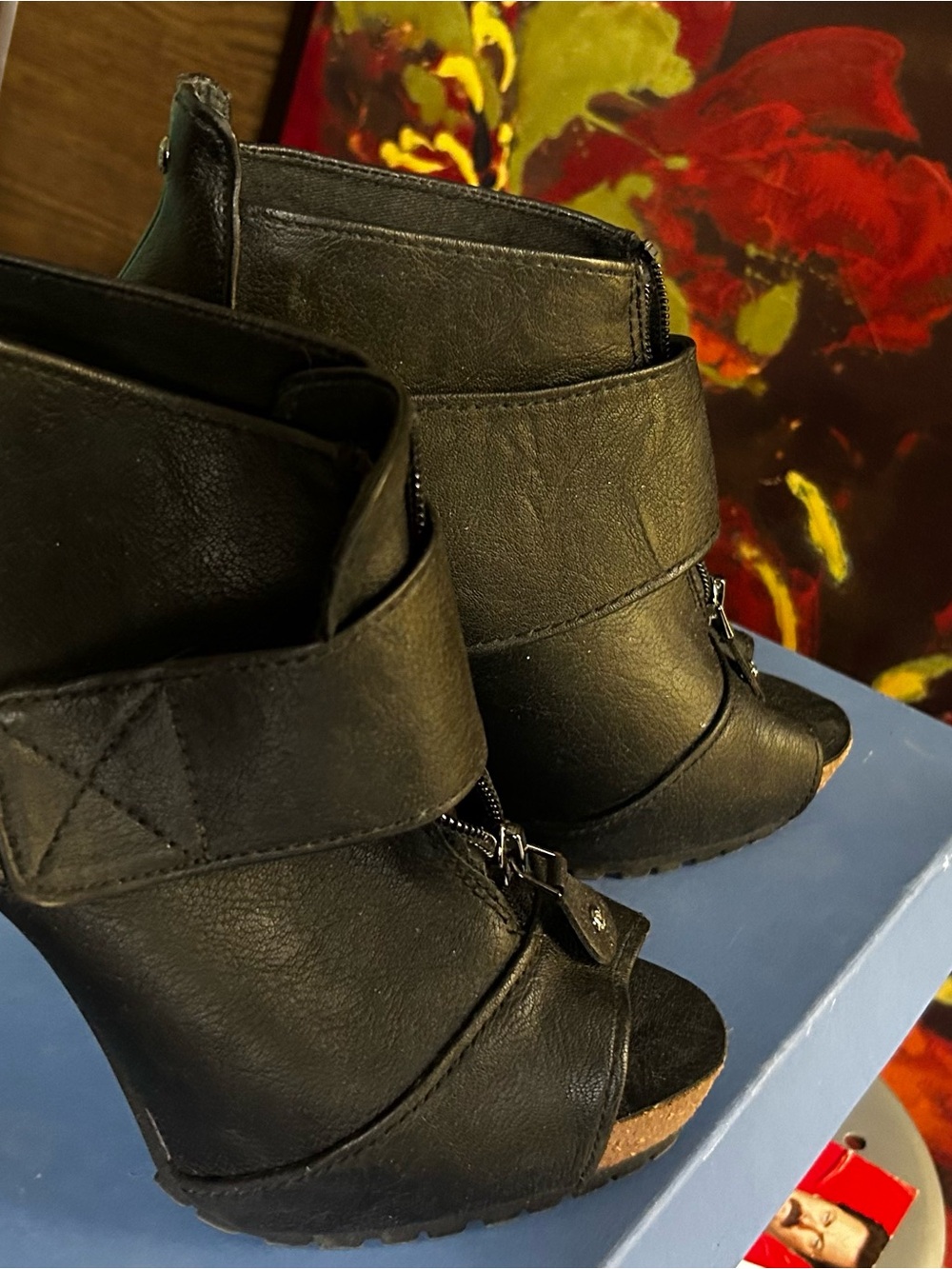 Vera Wang Black Peep-Toe Wedge Ankle Booties